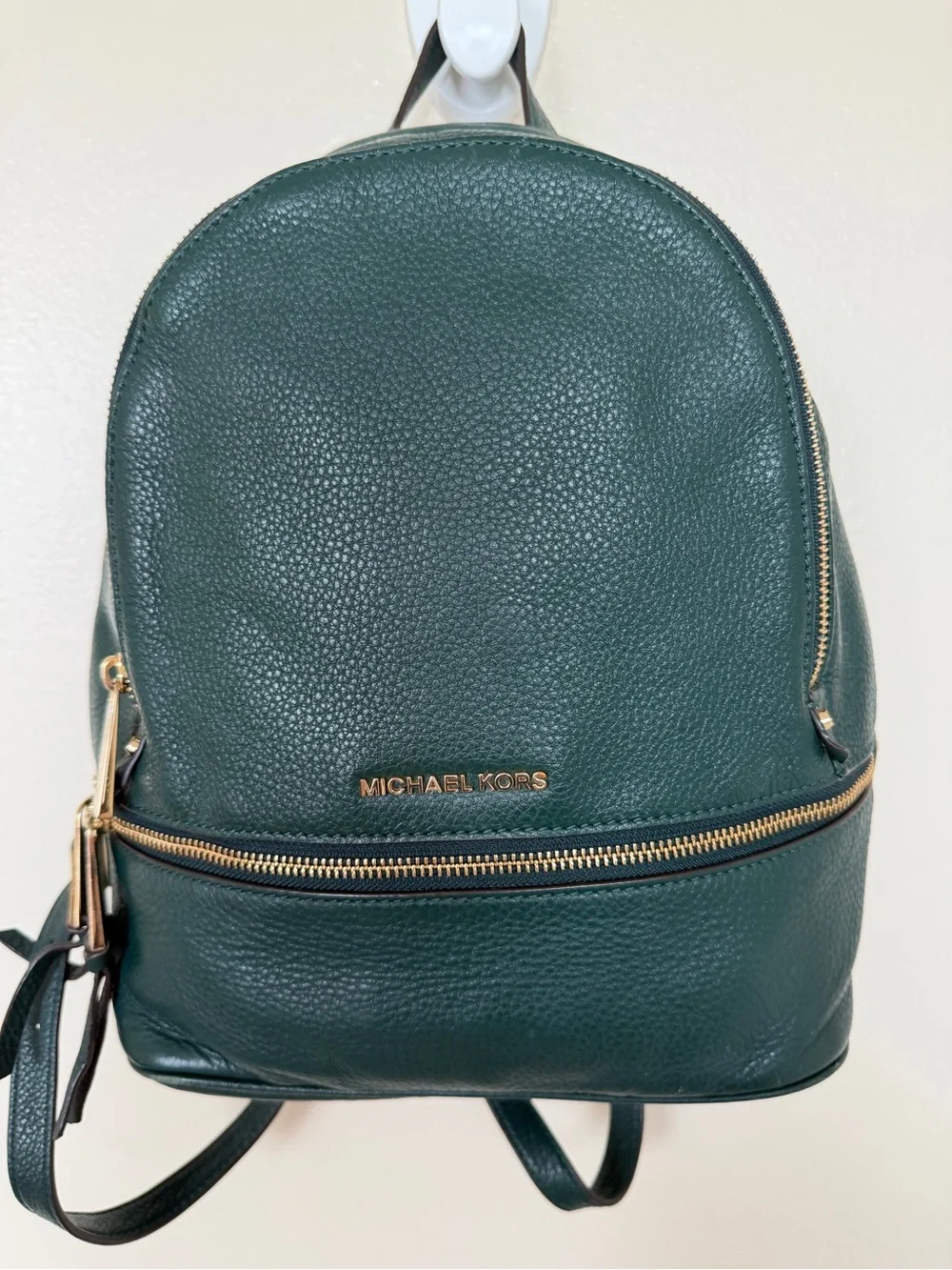 MICHAEL KORS Green Pebbled Leather Backpack Gold Hardware Zipper Inner Pocket